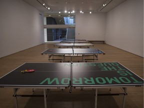 A recreation of a project called Ping-Pong Society by Slovakian artist Julius Koller (1939-2007), the exhibit entitled Tomorrow is the Question by Rirkrit Tiravanija features five ping-pong tables that all have the exhibit title on them. Visitors are invited to play on the tables,