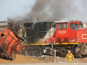 Firefighters from Saskatoon, Warman and Dalmeny responded to a large train derailment near Highway 11 on Jan. 22, 2019. There were no injuries reported after the train, which was carrying grain, derailed.