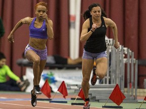 Jesse Gaines, left, and Jade Barber race in the Women's invitational 50-meter dash final during the Knights of Columbus Games at the Fieldhouse in Saskatoon, SK on Friday, January 25, 2019.