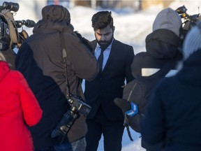 Jaskirat Singh Sidhu, the driver of a transport truck involved in the deadly crash with the Humboldt Broncos' bus, enters the Kerry Vickar Centre, which is being used for the sentencing hearing, Monday in Melfort.