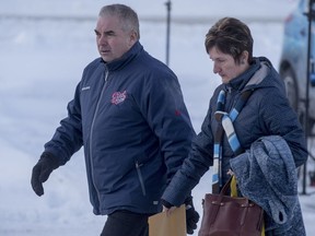 Russell and Raelene Herold, whose son Adam died April 6, 2018 in the Humboldt Broncos bus crash, enter the Kerry Vickar Centre for the sentencing hearing in Melfort for semi driver Jaskirat Singh Sidhu