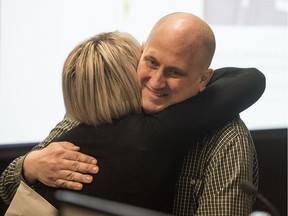 St. Paul's Hospital Foundation announces its new campaign for hospice and end of life care. Campaign manager Lecina Hicke hugs Gord Engel, who has Stage 4 cancer and is speaking on behalf of the campaign, hug during the launch announcement in Saskatoon on Jan. 30, 2019.