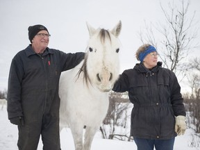 Ron Delver and Arla Delver stand for a portrait on their horse pasture near Valley Road.