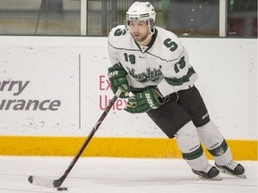 University of Saskatchewan Huskies forward Kohl Bauml carries the puck against the University of Calgary Dinos during U Sport men's hockey action at Merlis Belsher Place in Saskatoon on Friday, October 12, 2018.