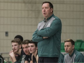 University of Saskatchewan Huskies head coach Barry Rawlyk, shown here during Ron and Jane Graham Shootout basketball tournament action earlier this season at the PAC in Saskatoon.