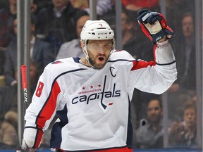 Alex Ovechkin #8 of the Washington Capitals celebrates his goal against the Toronto Maple Leafs during an NHL game at Scotiabank Arena on January 23, 2019 in Toronto, Ontario, Canada.