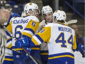 The Saskatoon Blades, shown here in recent action, battled the rival Regina Pats on Friday night.
