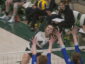 University of Saskatchewan Huskies' outside hitter Taylor Annala powers the ball during Canada West conference action at Ron and Jane Graham Court in Saskatoon on Friday, Nov. 30, 2018.