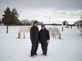 Ron Delver and Arla Delver stand for a portrait on their horse pasture near Valley Road.