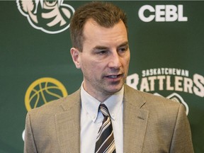 Former U of S Huskies coach Greg Jockims speaks at a press conference announcing him as head coach of the Saskatchewan Rattlers in Saskatoon, SK. on Wednesday, January 23, 2019.