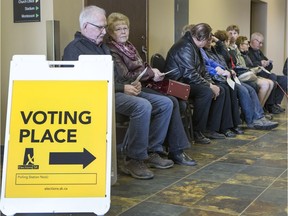 This March 30, 2016 photo shows People lined up to vote at an advance poll in the Circle Drive Alliance Church in Saskatoon for the April 2016 provincial election.