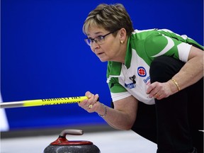 Saskatchewan skip Sherry Anderson calls the sweep while taking on N.W.T. at the Scotties Tournament of Hearts in Penticton, B.C., on Sunday, Jan. 28, 2018.
