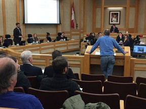 Varsity View Community Association president Jonathon Naylor addresses Saskatoon city council at a public hearing on a proposed 12-storey condominium building in the neighbourhood on Monday, Jan. 28, 2019. (Phil Tank/ Saskatoon StarPhoenix)