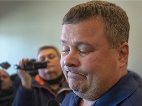 Scott Thomas, whose son Evan was killed in the crash, speaks to the media at the sentencing hearing of Jaskirat Singh Sidhu, the driver of the truck that struck the bus carrying the Humboldt Broncos hockey team Tuesday, Jan. 29, 2019 in Melfort, Sask.
