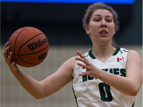 University of Saskatchewan Huskies guard Maya Olynyk moves the ball against the University of British Columbia Thunderbirds in U Sports women's basketball action at the PAC in Saskatoon.