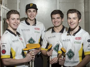 Rylan Kleiter, right, and his curling team Trevor Johnson, left to right, Josh Matt Mattern, and  Matthieu Taillon stand for a photograph at the Sutherland Curling Club in Saskatoon, SK on Wednesday, January 18, 2017. The team which will represent Saskatchewan at the upcoming Canadian junior championship.