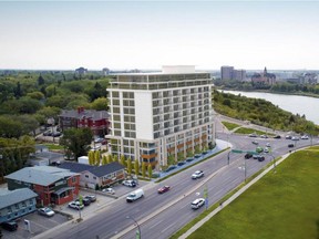 This rendering shows a proposed 12-storey condominium tower at the intersection of College Drive and Clarence Avenue in the Varsity View neighbourhood in Saskatoon. (City of Saskatoon)