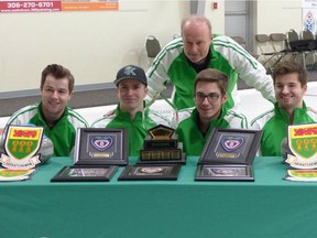 Rylan Kleiter (left), Trevor Johnson, Joshua Mattern and Matthieu Taillon captured the provincial title recently, with help from coach Dean Kleiter. (curlsask.ca)