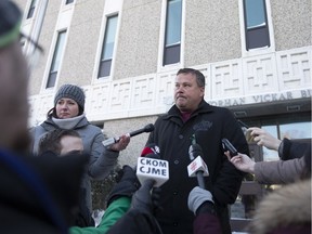 Scott Thomas, father of Humboldt Broncos bus crash victim Evan Thomas, speaks to media outside provincial court in Melfort, Tuesday, January 8, 2019. The driver of a transport truck involved in a deadly crash with the Humboldt Broncos junior hockey team's bus pleaded guilty Tuesday to all charges against him.