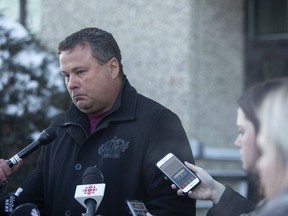 Scott Thomas, father of Humboldt Broncos bus crash victim Evan Thomas, speaks to media outside provincial court in Melfort, Tuesday, January 8, 2019. The driver of a transport truck involved in a deadly crash with the Humboldt Broncos junior hockey team's bus pleaded guilty Tuesday to all charges against him.