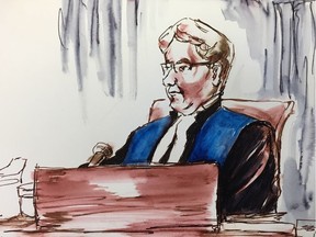 In this court artist's sketch, Justice Inez Cardinal presides over the sentencing hearing for Jaskirat Singh Sidhu in Melfort on Jan.28, 2019.