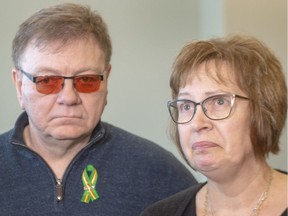 Lyle Brons and his wife Carol, whose daughter Dayna, the team's athletic therapist, was killed in the crash speak to the media after the third day of sentencing hearings for Jaskirat Singh Sidhu, the driver of the truck that struck the bus carrying the Humboldt Broncos hockey team, in Melfort, Sask., Wednesday, Jan. 30, 2019.
