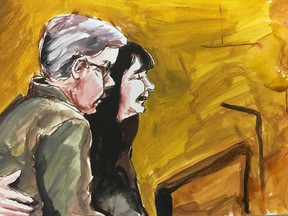 Tanya and Paul Labelle are seen giving victim impact statements in a courtroom sketch, in Melfort, Sask., on Wednesday, Jan. 30, 2019. Their son Xavier survived the collision which killed 16 of the Humboldt Broncos and support staff, but was initially reported to be among the dead.