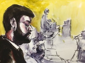 Jaskirat Singh Sidhu, driver of the truck that struck the bus carrying the Humboldt Broncos hockey team is shown during his sentencing hearing in a courtroom sketch, in Melfort, Sask., on Thursday, Jan. 31, 2019.