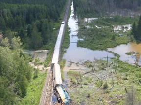 An aerial view of a Via Rail train derailment near Hudson Bay, Sask., is shown in this 2018 handout photo. The Transportation Safety Board has released a report into a Saskatchewan passenger train derailment last summer that injured two crew members.