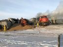 A CN Rail train carrying about 50 cars and grain derails on State Highway 11 and Wanuskewin Road on January 22, 2019. (Morgan Modjeski / Saskatoon StarPhoenix)