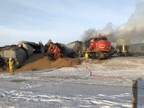 A CN Rail train with approximately 50 cars and carrying grain derailed on Highway 11 and Wanuskewin Road on Jan. 22, 2019 (Morgan Modjeski / Saskatoon StarPhoenix)