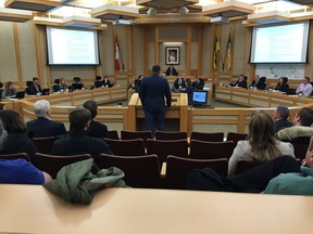 Saskatoon Tribal Council Chief Mark Arcand addresses Saskatoon city council at a public hearing on a proposed tribal council preschool in the Montgomery Place neighbourhood on Monday, Jan. 28, 2019.