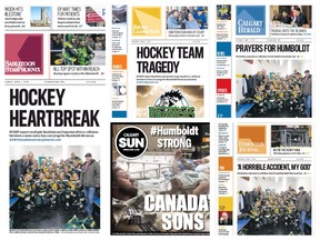 A sampling of A1 pages across the Postmedia Network on April 7, 2018 - the day after the Humboldt Broncos bus crash