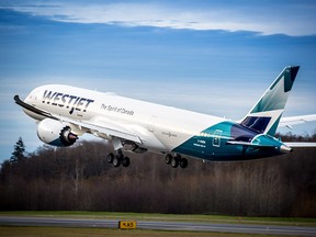WestJet’s first Boeing 787-9 Dreamliner, named in honour of the airline’s chairman and founder, Clive Beddoe, during a test flight out of Everett, Washington