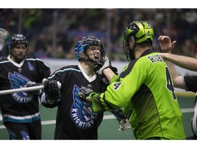 Rush defender Kyle Rubisch grabs the mask of Rochester Nighthawks Kyle Jackson during the game at SaskTel Centre in Saskatoon,Sk on Saturday, January 19, 2019.