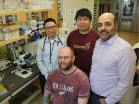 Dr. Julian Tam, a respirologist in the College of Medicine and director of the Saskatoon Adult Cystic Fibrosis Clinic, left, with PhD student, Jay Luan, Dr. Juan Ianowski, a physiologist at the U of S College of Medicine, and Brendan Murray, a graduate student, inside a lab on the University of Saskatchewan campus on Jan. 29, 2019.