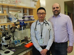 Dr. Julian Tam, a respirologist in the College of Medicine and director of the Saskatoon Adult Cystic Fibrosis Clinic, left, with Dr. Juan Ianowski, a physiologist at the U of S College of Medicine, inside a lab on the University of Saskatchewan campus on Jan. 29, 2019.