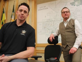 Ward 4 Coun. Troy Davies, left, and Ward 1 Coun. Darren Hill say they're disappointed the Saskatoon Airport Authority implemented a new fee that will be applied to taxi rides to and from the airport without proper consultation.