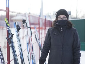 Kirsten Routledge who's son Aidan was participating in a winter triathlon, stands outside at the Clare Downey Speed Skating Oval in Saskatoon, Sask. on Thursday, February 14, 2019.