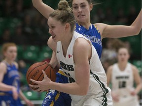 Huskies women's Basketball- Huskies forward Summer Masikewich moves the ball during the game at the PAC gym in Saskatoon, Sk on Thursday, February 21, 2019.