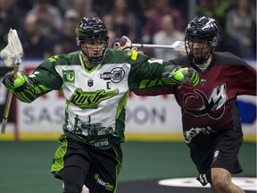 Saskatchewan Rush transition/defence Chris Corbeil moves the ball against the Colorado Mammoth during NLL action in Saskatoon, Sask. on Friday, Feb. 22, 2019.