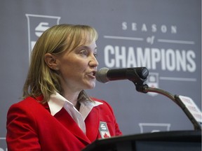 Olympian and member of Curling Canada Board of Governors, Amy Nixon speaks at a press event to announce the 2021 Tim Hortons Roar of the Rings at SaskTel centre in Saskatoon, Sk on Saturday, February 23, 2019.