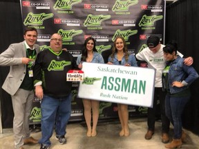 David Assman, centre left, poses for a photo with officials from the Saskatchewan Rush on Friday, Feb. 22, 2019 in a photo posted to his Facebook page. The Saskatchewan Rush joined in the "Assman" mania as the National Lacrosse League club were selling "Assman" t-shirts at its game against the Colorado Mammoth. Assman and a few of his family members were also guests of honour at the game.