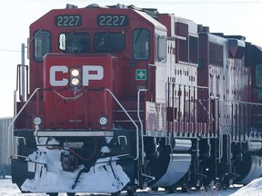 A train drives through Saskatoon, SK on March 7, 2018.