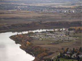 This October 2018 aerial photo shows Saskatoon's wastewater treatment plant in the Silverwood Heights neighbourhood with the University Heights sector in the background on the east side of the South Saskatchewan River. The city is seeking proposal to build a sewer pipe and pedestrian bridge south of the plant.