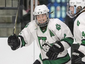 Leah Bohlken celebrates one of her nine goals this season for the University of Saskatchewan Huskies women's hockey team.