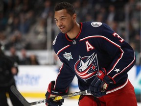 SAN JOSE, CA - JANUARY 25: Seth Jones #3 of the Columbus Blue Jackets competes in the SAP NHL Hardest Shot during the 2019 SAP NHL All-Star Skills at SAP Center on January 25, 2019 in San Jose, California.