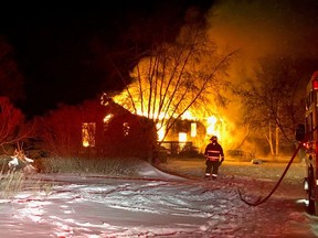 A home on Strathcona Avenue in Corman Park is destroyed by a fire on Monday, Feb. 4, 2019. The family that lives in the house escaped the fire. Three of the family's pets did not survive. Saskatoon Fire Department photo