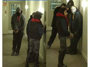 Following a break-and-enter and assault on Feb. 7, 2019 at an apartment in the 100 block of Reindeer Road, Saskatoon police released surveillance images of four males wearing masks and a female who illegally entered the suite. The victim of the assault was transported to hospital for treatment of minor injuries. (Photo courtesy Saskatoon Police Service)