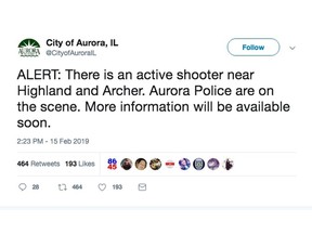 The City of Aurora, Il. Tweeted out information about an active shooter in the city on Feb. 15, 2019. The Tweet said police are on scene and more information will be available soon.